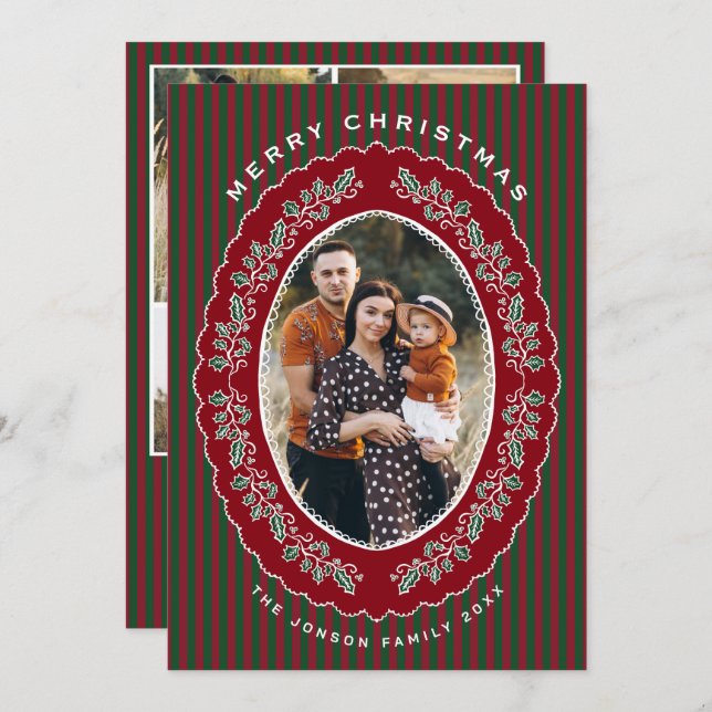 Funky Hand Drawn Christmas Red Bow 5 Photo Holiday Card (Front/Back)