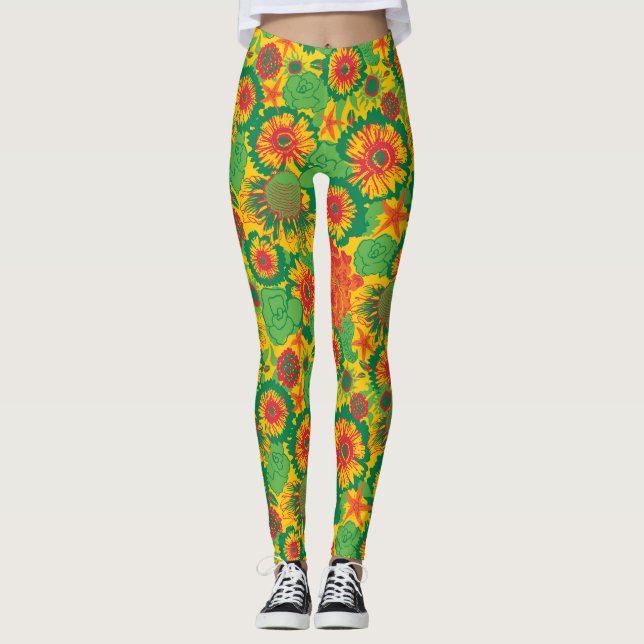 Funky Hand Drawn Flowers Leggings (Front)