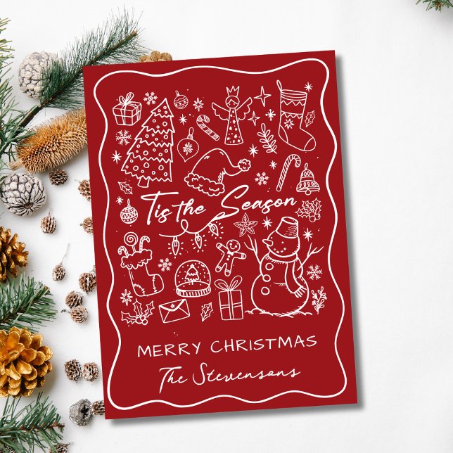 Funky Hand Drawn Red White Folded Photo Christmas  Holiday Card (Creator Uploaded)