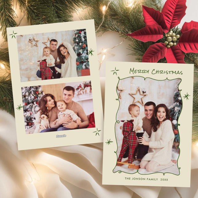 Funky Hand Drawn Scribble Retro Christmas 3 Photo Holiday Card (Creator Uploaded)