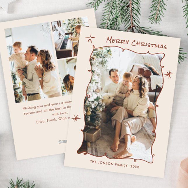 Funky Hand Drawn Scribble Retro Christmas 4 Photo Holiday Card (Creator Uploaded)