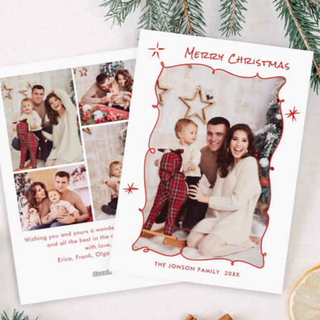 Funky Hand Drawn Scribble Retro Christmas 5 Photo Holiday Card (Creator Uploaded)