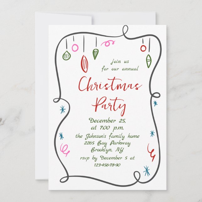 Funky Hand Drawn Whimsical Christmas Holiday Party Invitation (Front)