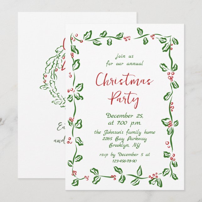 Funky Hand Drawn Whimsical Christmas Holiday Party Invitation (Front/Back)