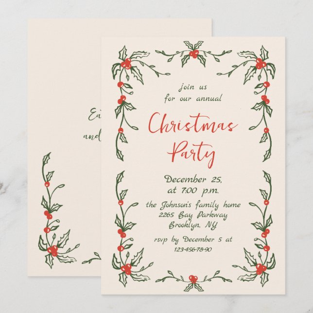 Funky Hand Drawn Whimsical Christmas Holiday Party Invitation (Front/Back)