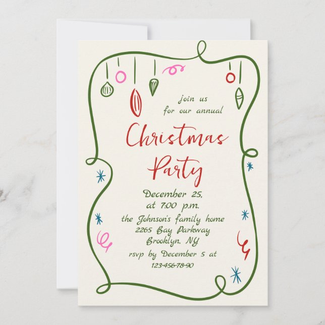 Funky Hand Drawn Whimsical Christmas Holiday Party Invitation (Front)