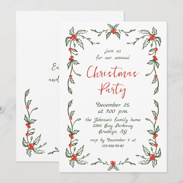 Funky Hand Drawn Whimsical Christmas Holiday Party Invitation (Front/Back)