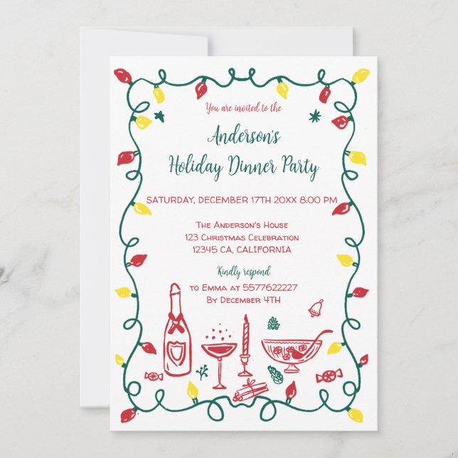 Funky Hand Drawn Whimsical Christmas Party Invitation (Front)