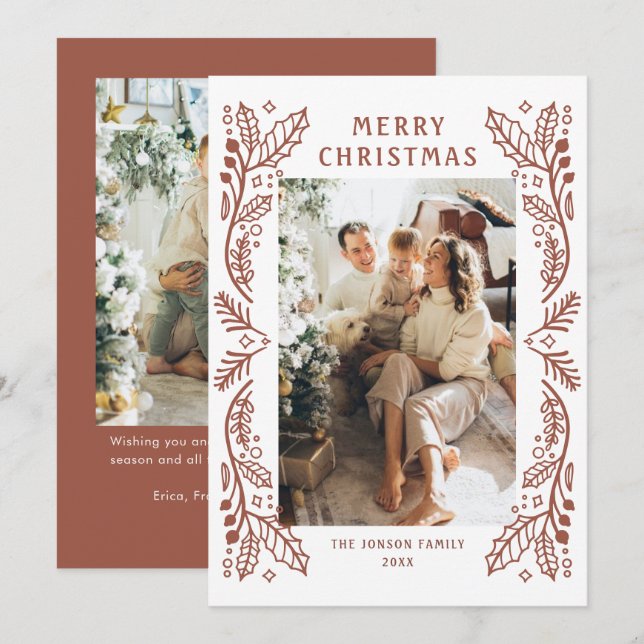 Funky Hand Drawn Whimsical Retro Christmas 2 Photo Holiday Card (Front/Back)