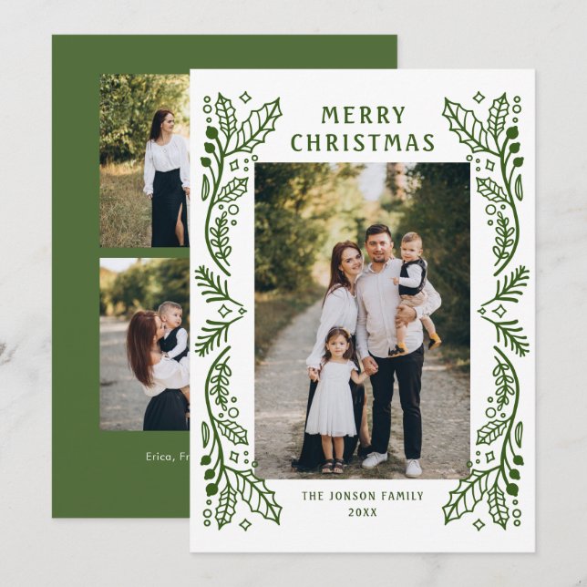 Funky Hand Drawn Whimsical Retro Christmas 3 Photo Holiday Card (Front/Back)