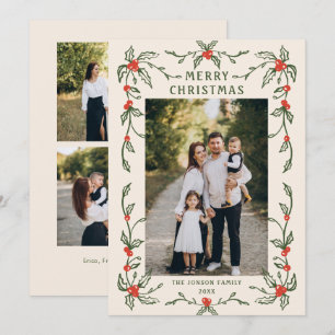 Funky Hand Drawn Whimsical Retro Christmas 3 Photo Holiday Card