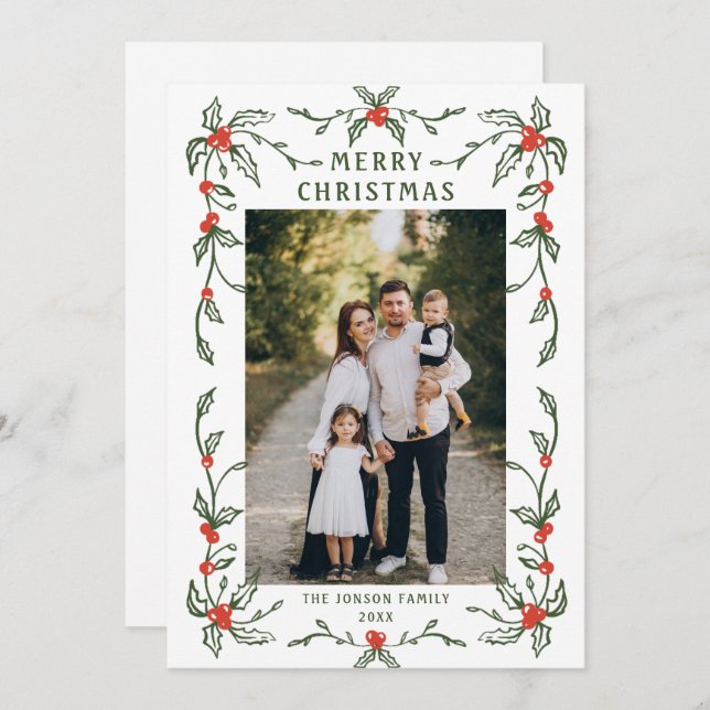 Funky Hand Drawn Whimsical Retro Christmas 3 Photo Holiday Card (Front/Back)