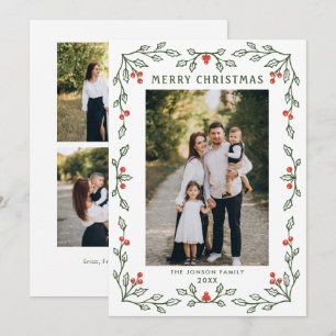 Funky Hand Drawn Whimsical Retro Christmas 3 Photo Holiday Card