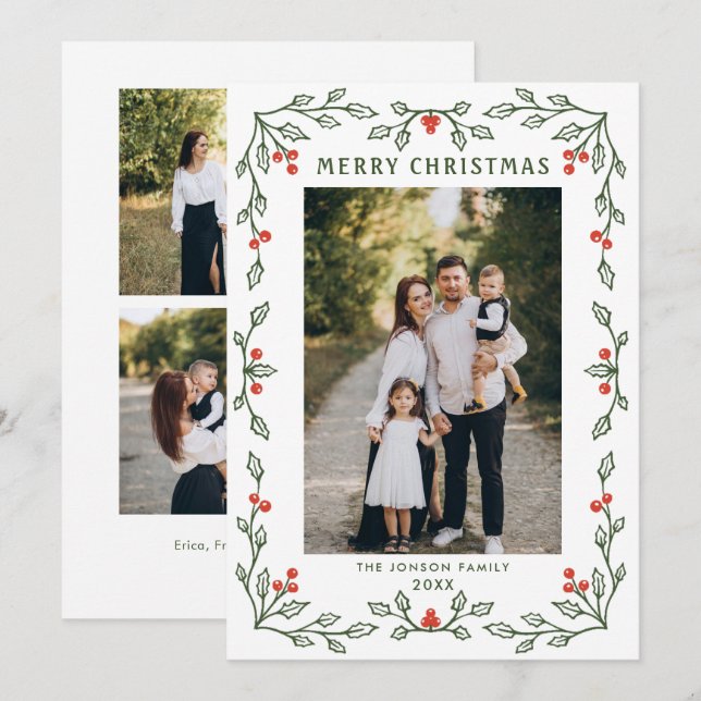 Funky Hand Drawn Whimsical Retro Christmas 3 Photo Holiday Card (Front/Back)