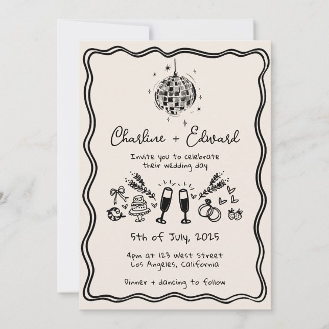 Funky Handwritten Wavy Border Disco Wedding Invitation (Front)