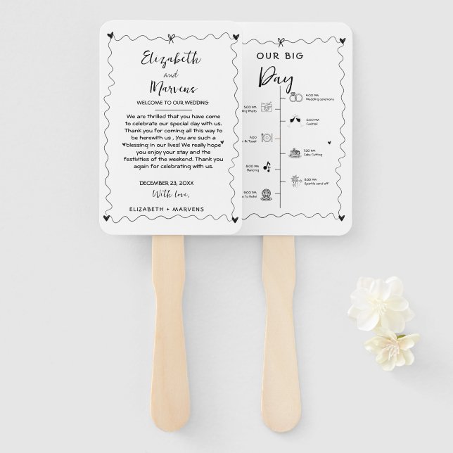 Funky  Handwritten wedding day  Events Timeline  Hand Fan (Front and Back)