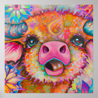 Funky Happy Baby Buffalo Farm Animal Nursery Art