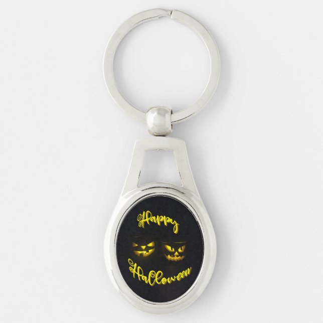Funky Happy Halloween text with pumpkin face Key Ring (Front)