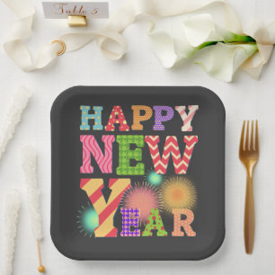 Funky happy new year paper plate