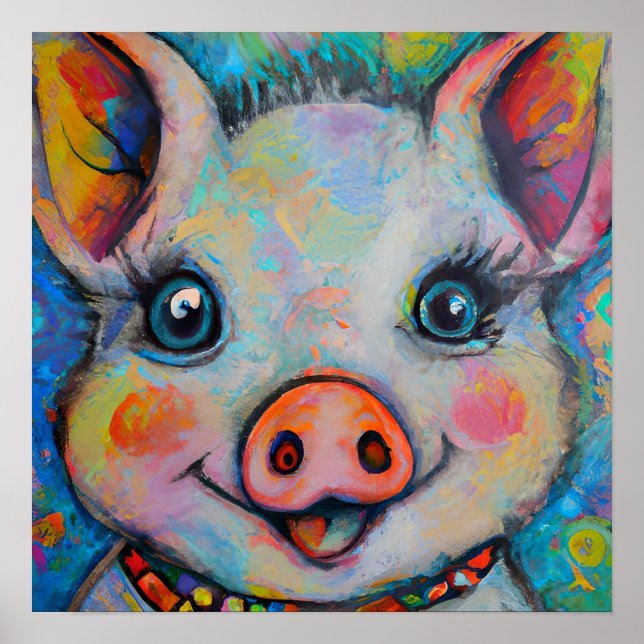 Funky Happy Piglet Farm Animal Portrait Art Poster (Front)