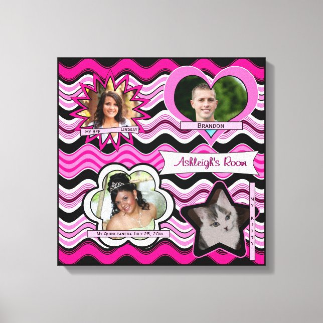 Funky Hot Pink, Black, White Photo Wall Hanging Canvas Print (Front)
