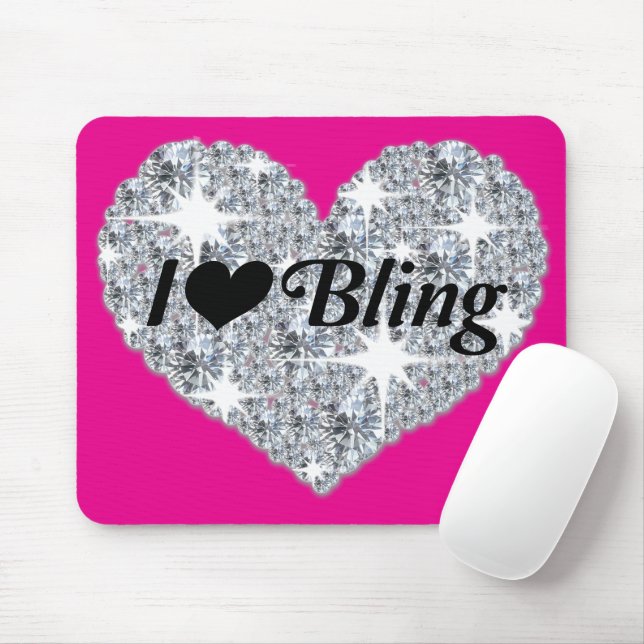 Funky Hot Pink Faux Diamond I Love Bling Heart Mouse Mat (With Mouse)