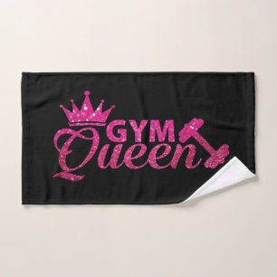 Funky hot pink faux glitter gym queen text hand towel