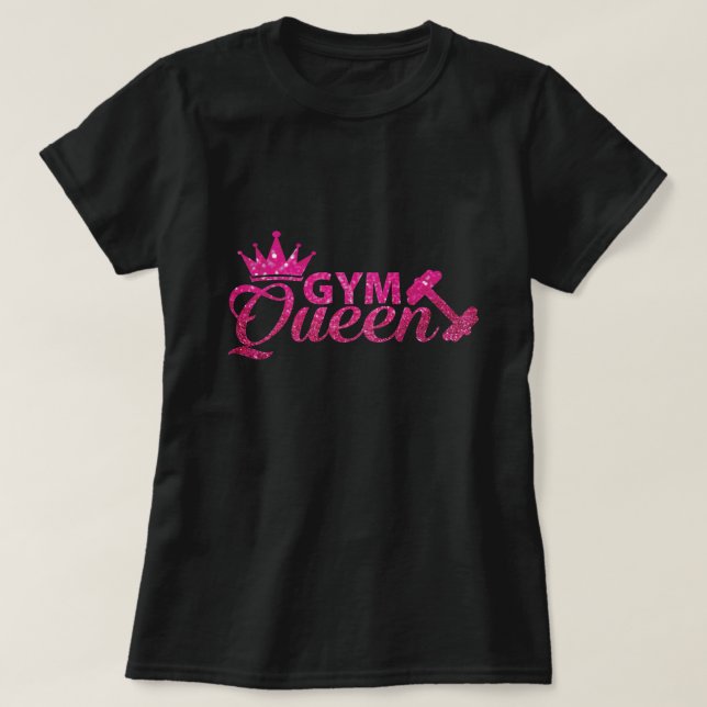 Funky hot pink faux glitter gym queen text T-Shirt (Design Front)