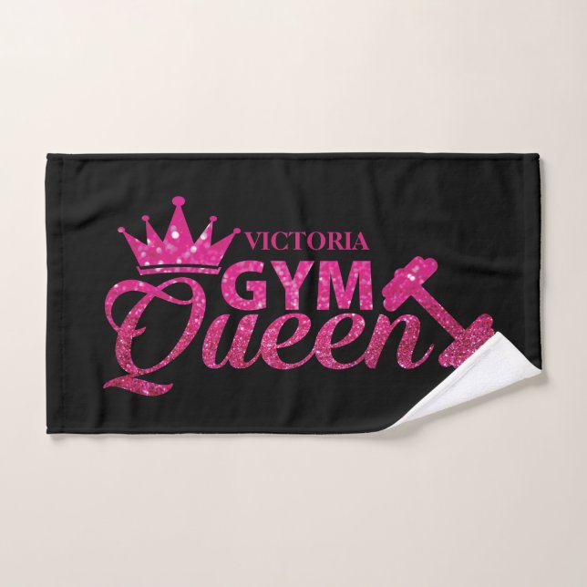 Funky hot pink personalised faux glitter Gym Queen Hand Towel (Hand Towel)