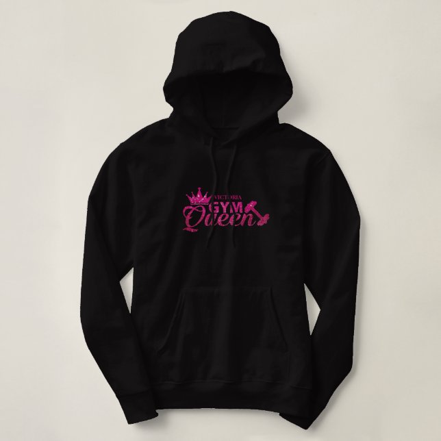 Funky hot pink personalised faux glitter Gym Queen Hoodie (Design Front)