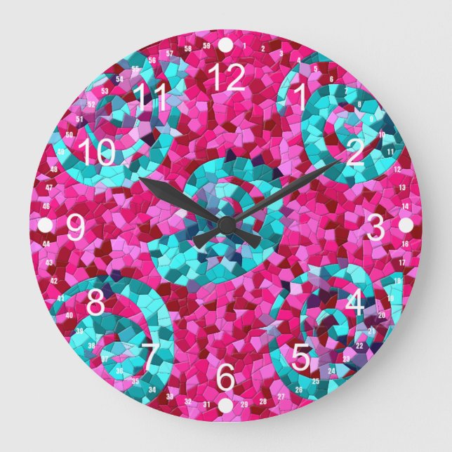 Funky Hot Pink Teal Blue Mosaic Swirls Girly Gifts Large Clock (Front)