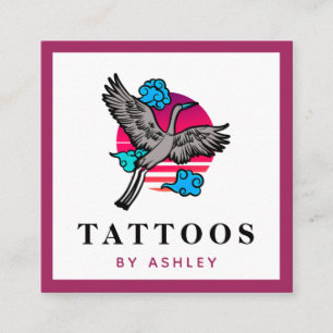 Funky Japanese Crane Illustration Tattoo Artist Square Business Card