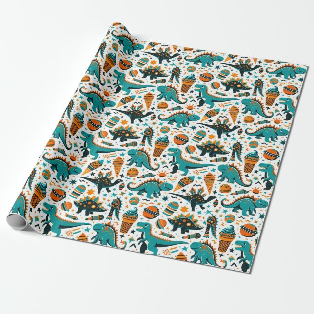 funky Kid's Dinoaur  pattern Wrapping Paper (Unrolled)