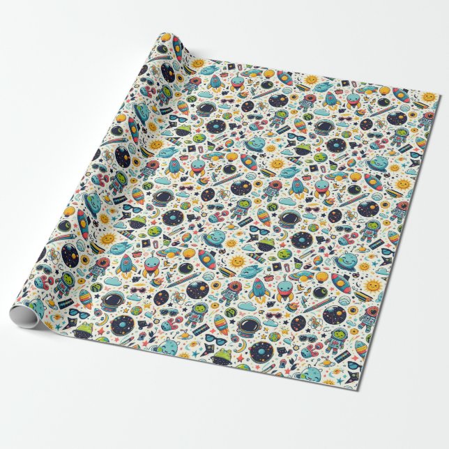 funky Kid's Outer Space  pattern Wrapping Paper (Unrolled)