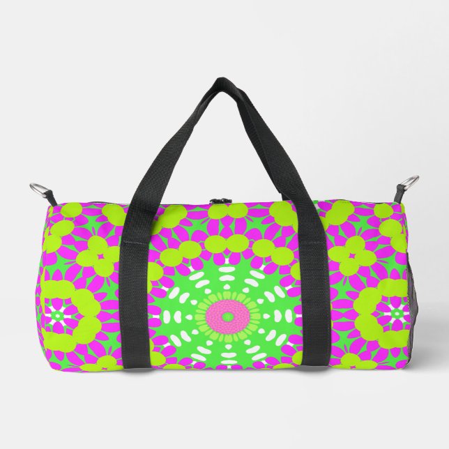 Funky Lavender, Lime Green & Yellow Girly Pattern Duffle Bag (Front)