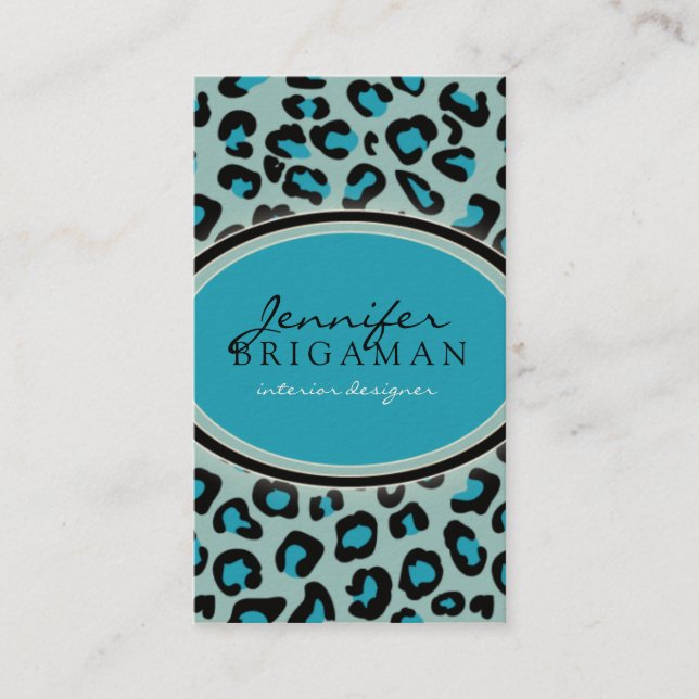 Funky Leopard Print Custom Business Card :: Aqua (Front)