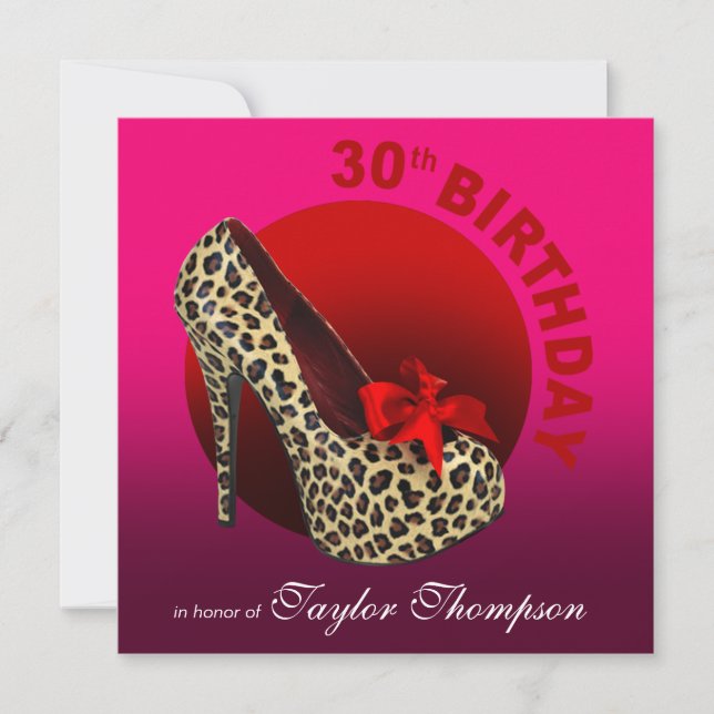 Funky Leopard Stiletto 30th Birthday fuschia red Invitation (Front)