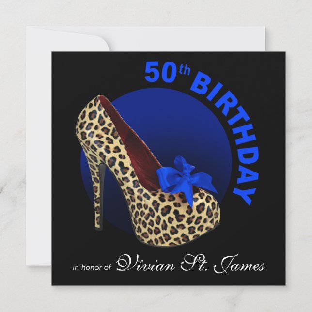 Funky Leopard Stiletto 50th Birthday black Invitation (Front)