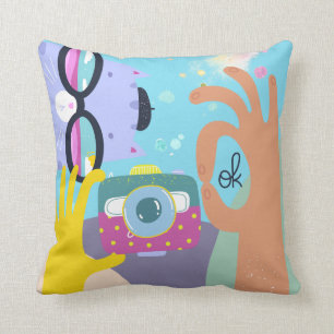 Funky Lilac Cartoon Cat Shades Camera Hand Blue Cushion