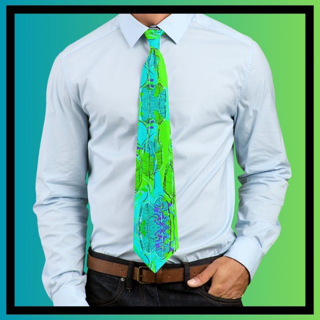Funky Lime Green Aqua Blue Leaves  Tie (Creator Uploaded)