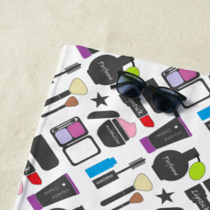 Funky Makeup Cosmetics Collage Pattern Beach Towel