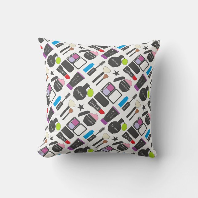 Funky Makeup Cosmetics Collage Pattern Cushion (Front)
