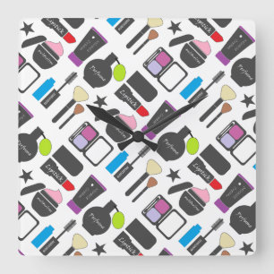 Funky Makeup Cosmetics Collage Pattern Square Wall Clock