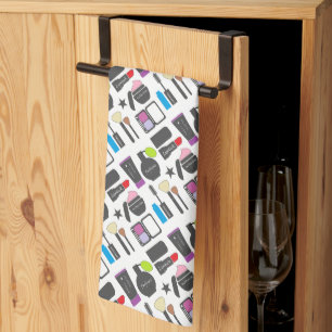 Funky Makeup Cosmetics Collage Pattern Tea Towel