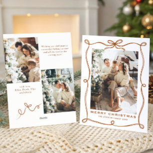 Funky Merry Christmas Boho Bow Ribbon 3 Photo Holiday Card