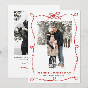 Funky Merry Christmas Boho Red Bow Ribbon 2 Photo Holiday Card