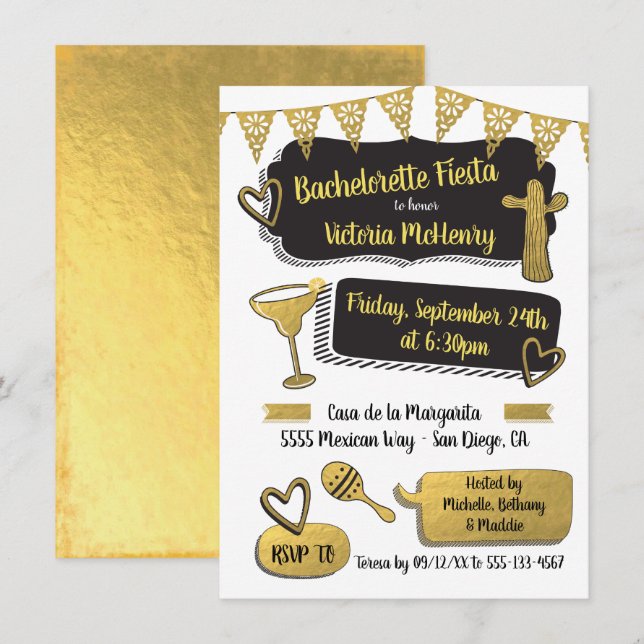 Funky Mexican Fiesta Gold Foil Bachelorette Party Invitation (Front/Back)