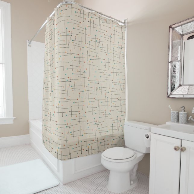Funky Mid Century Lines Pattern on Tan Shower Curtain (In Situ)