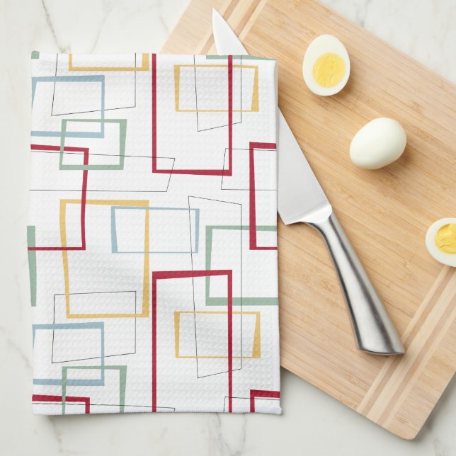 Funky Mid Century Red Blue Green Yellow Squares Tea Towel (Quarter Fold)