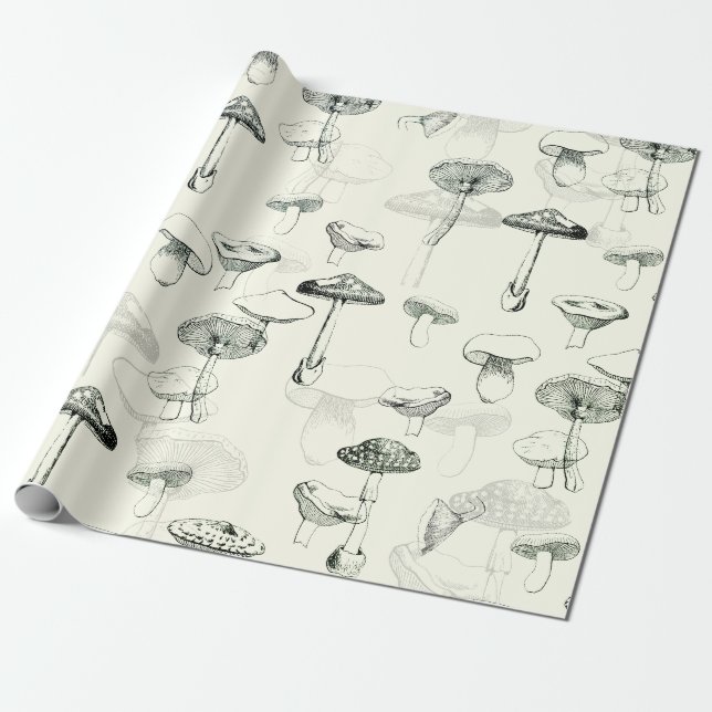 Funky Modern Retro  Sage Green Mushrooms Wrapping Paper (Unrolled)